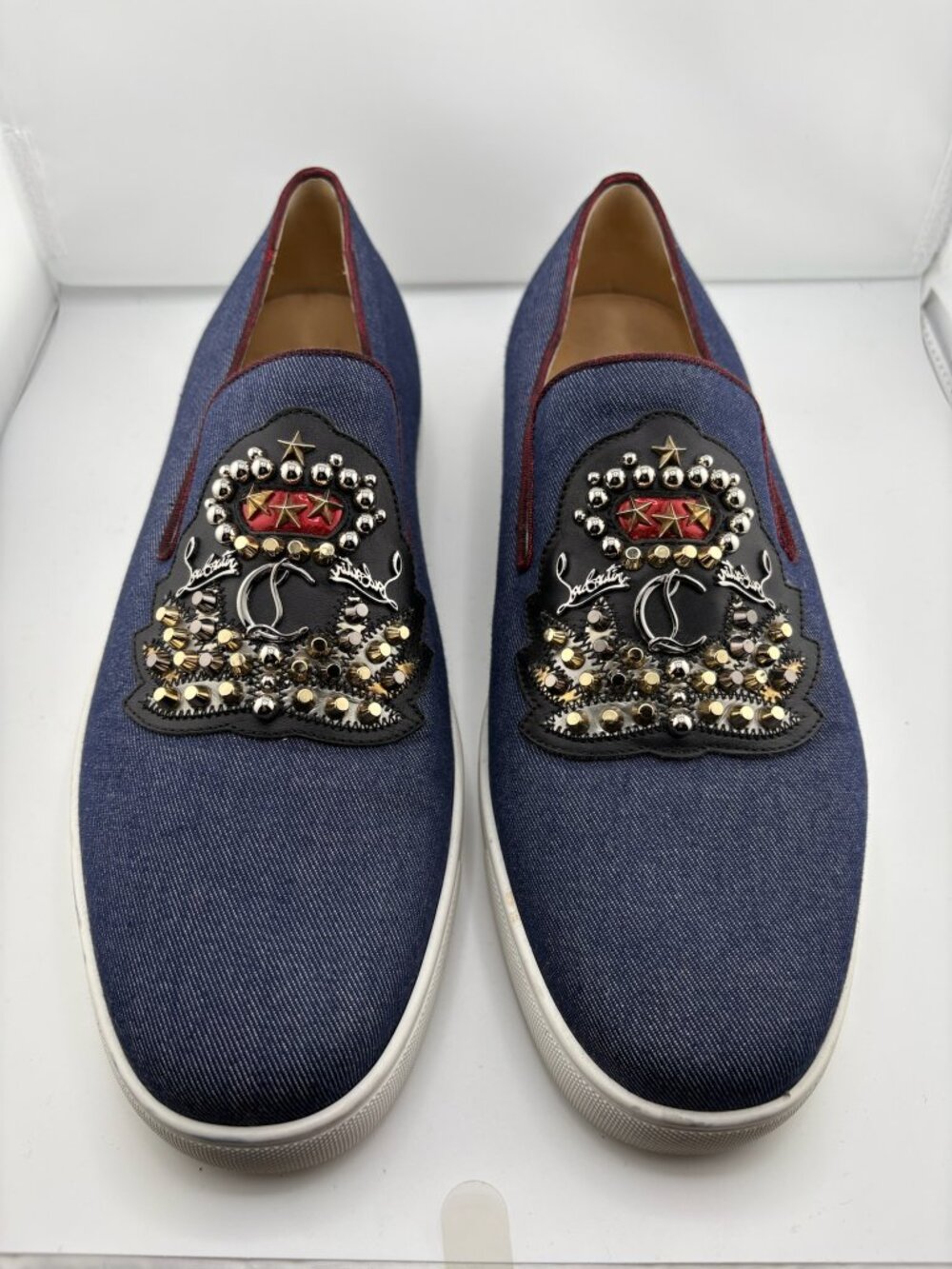#S143 Christian Louboutin Embellished Slip‑On Sneakers Blue